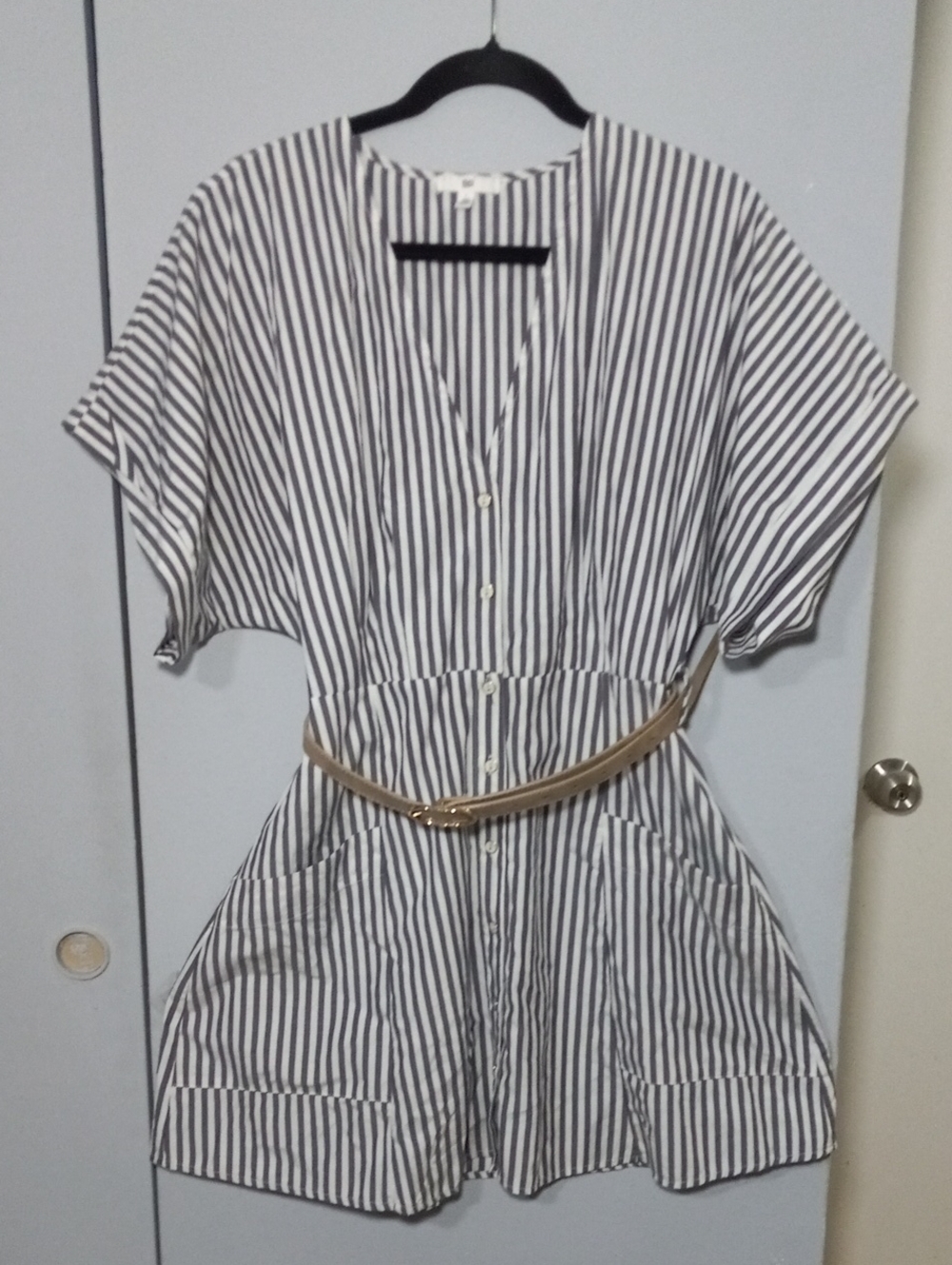 bp Striped Button-Front Mini Dress - Navy & White with Tan Belt Size L